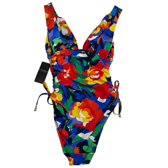 Lauren Ralph Lauren Floral Shirred V-Neck One-Piece Size 6 New NWT - Picture 5 of 7